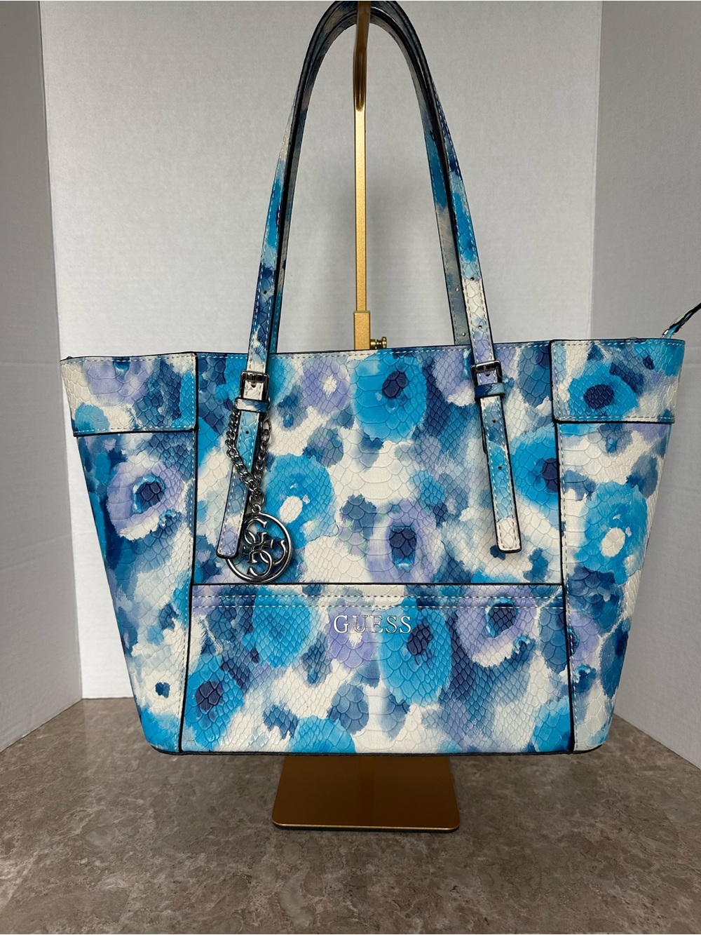 GUESS Blue Purple Watercolor Floral Tote Bag Faux Snake Embossed Charm Chic Bag